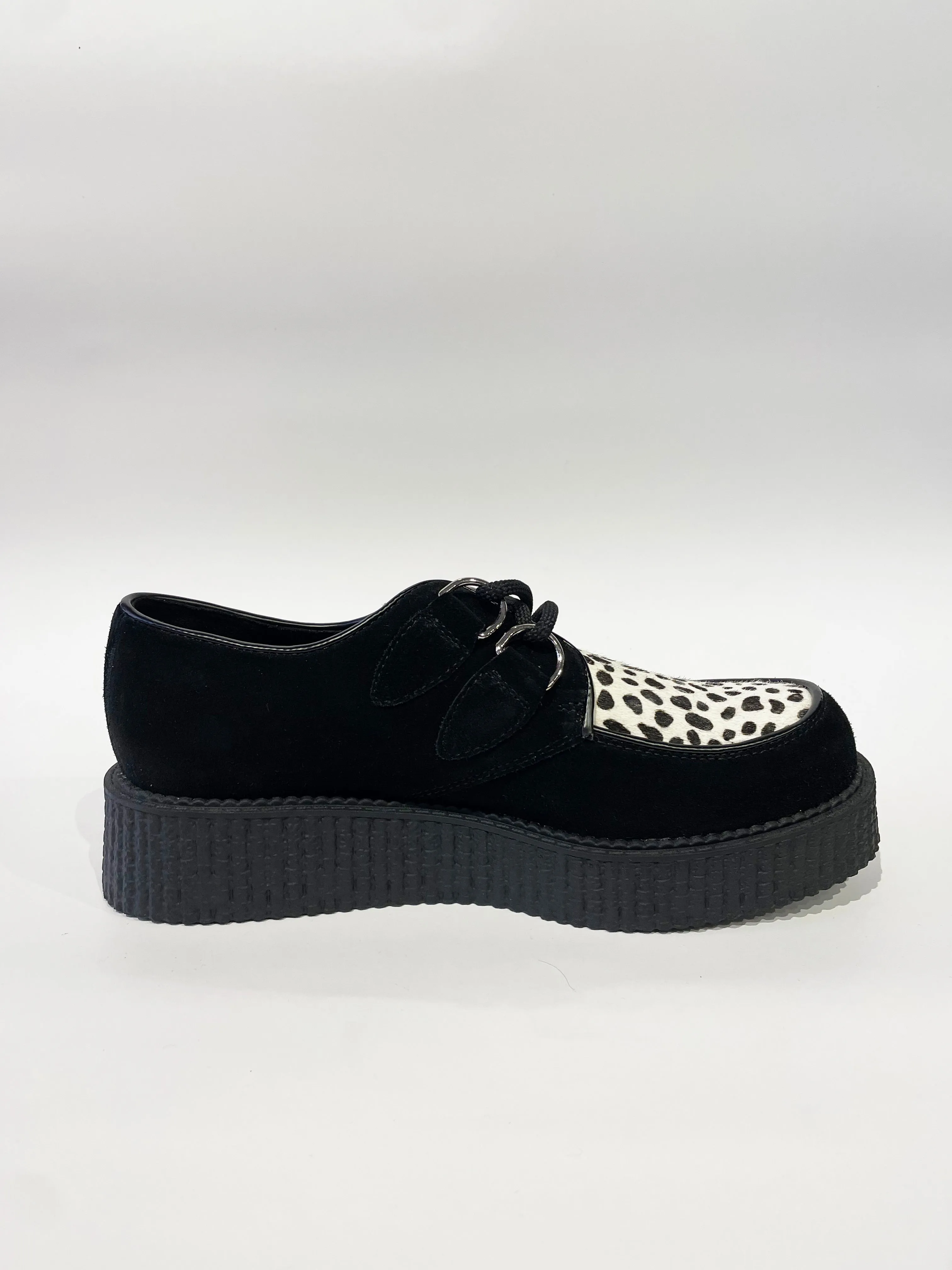 WULFRUN BLACK WHITE LEOPARD SUEDE CREEPERS SHOES