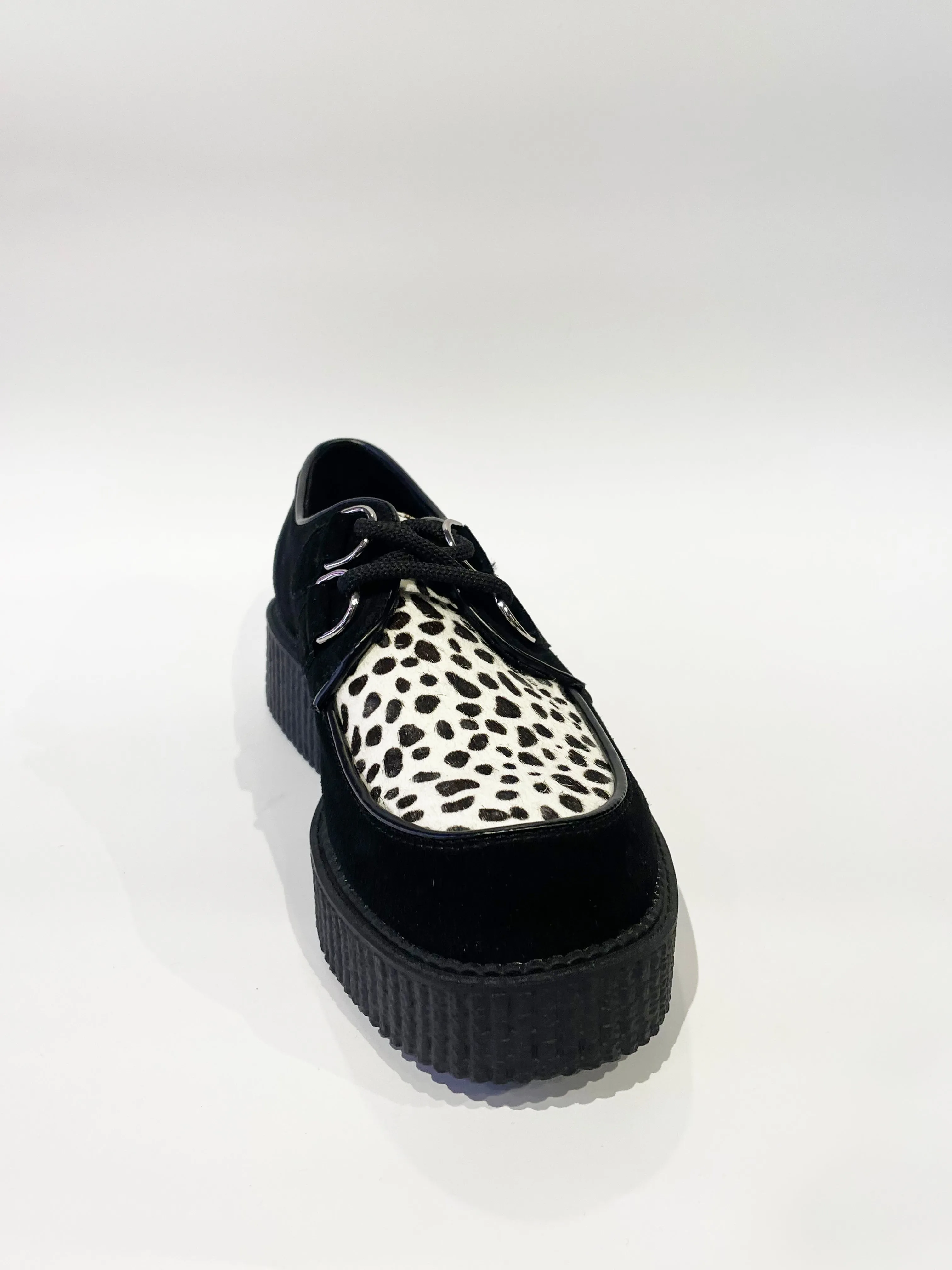 WULFRUN BLACK WHITE LEOPARD SUEDE CREEPERS SHOES