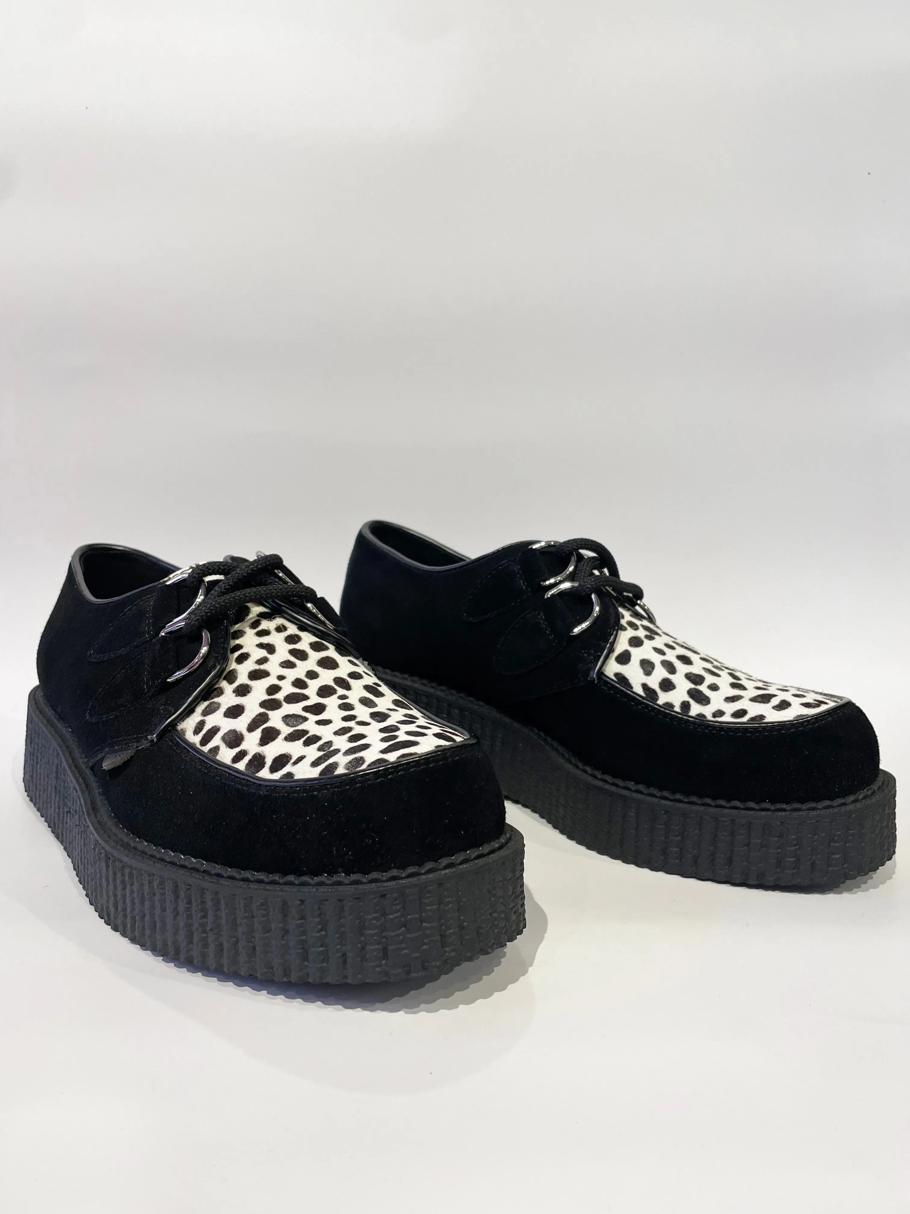 WULFRUN BLACK WHITE LEOPARD SUEDE CREEPERS SHOES